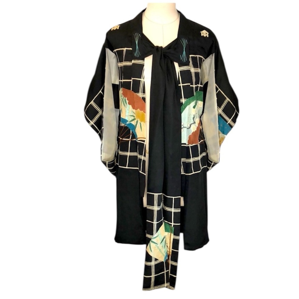 Vintage silk graphic print seagull Kimono robe